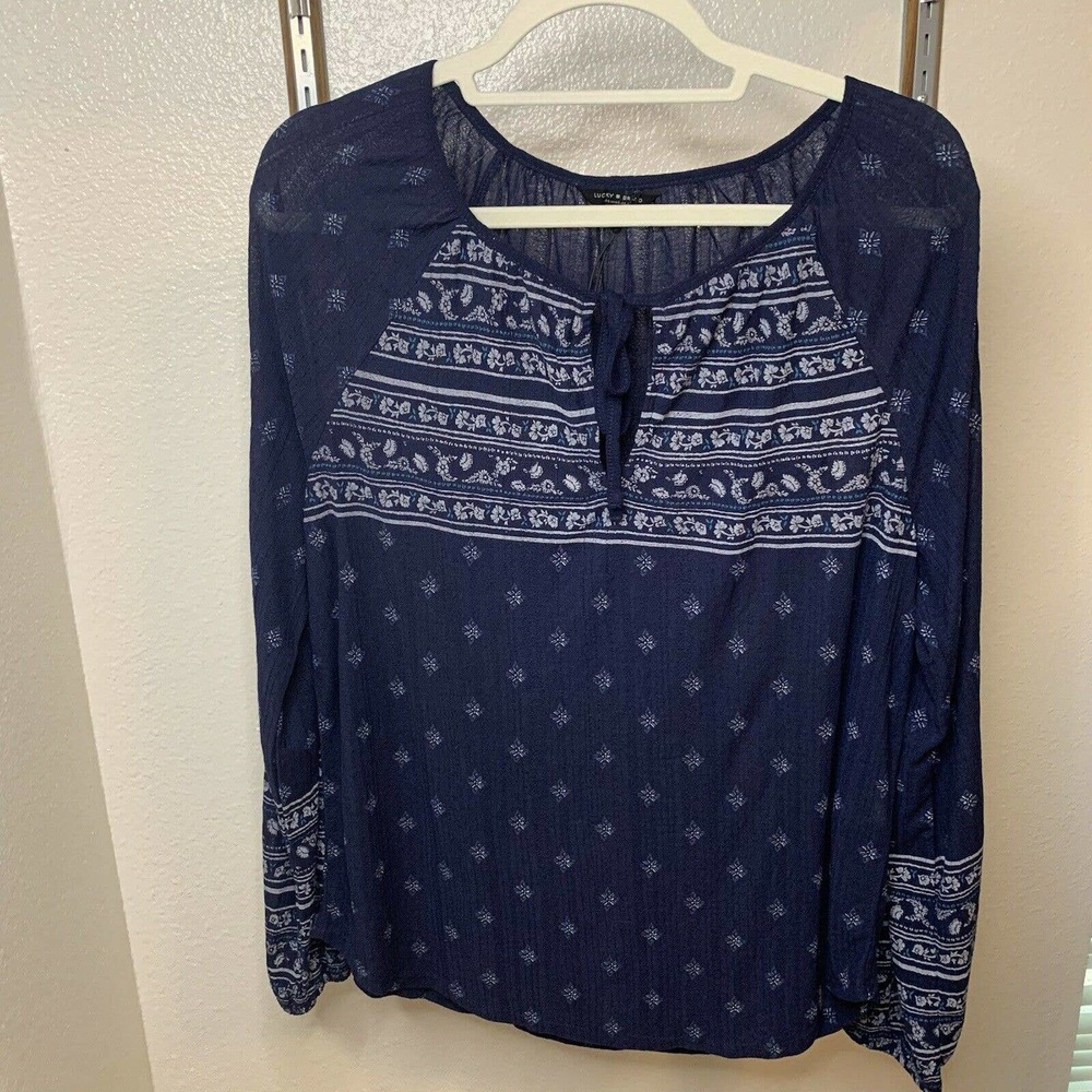 Lucky Brand blue, white long sleeves floral boho blouse Top Size Large NWOT